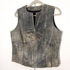 Siena Studio Leather Vest Womens L Gray Distressed Acid Wash Full Zip Biker Punk